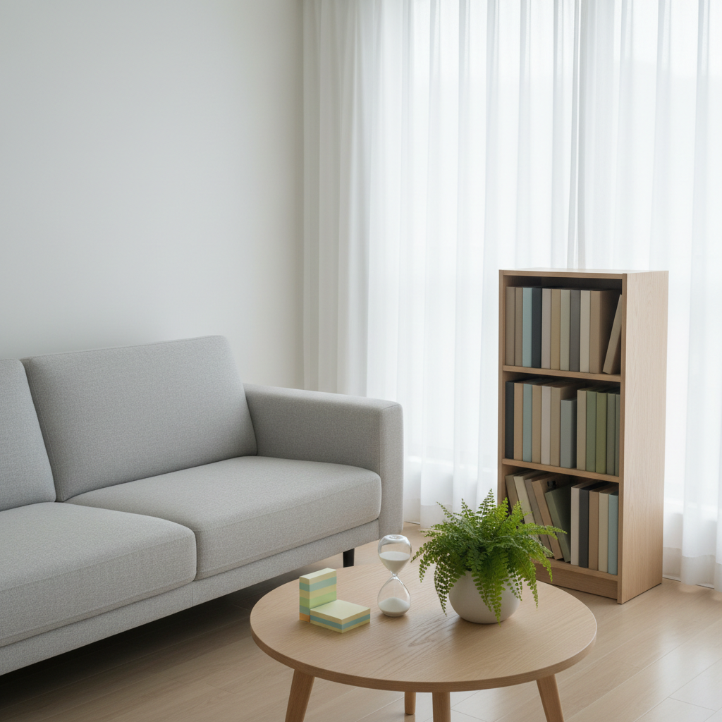 A minimalist living room corner featuring a low, light-gray fabric sofa, a small round oak coffee table, and a tall bookshelf filled with neatly organized, unbranded books in muted tones. On the table, a stack of color-coded sticky-note pads, a sand timer, and a small potted fern create a sense of structure and growth. Soft overcast daylight seeps through sheer white curtains, bathing the scene in an even, gentle glow. Photographic realism with a clean, modern aesthetic conveys approachable, evidence-based mental health education. Composed using the rule of thirds from a slightly elevated angle, the space feels calm, organized, and inviting, ideal for quiet learning or therapeutic reflection.