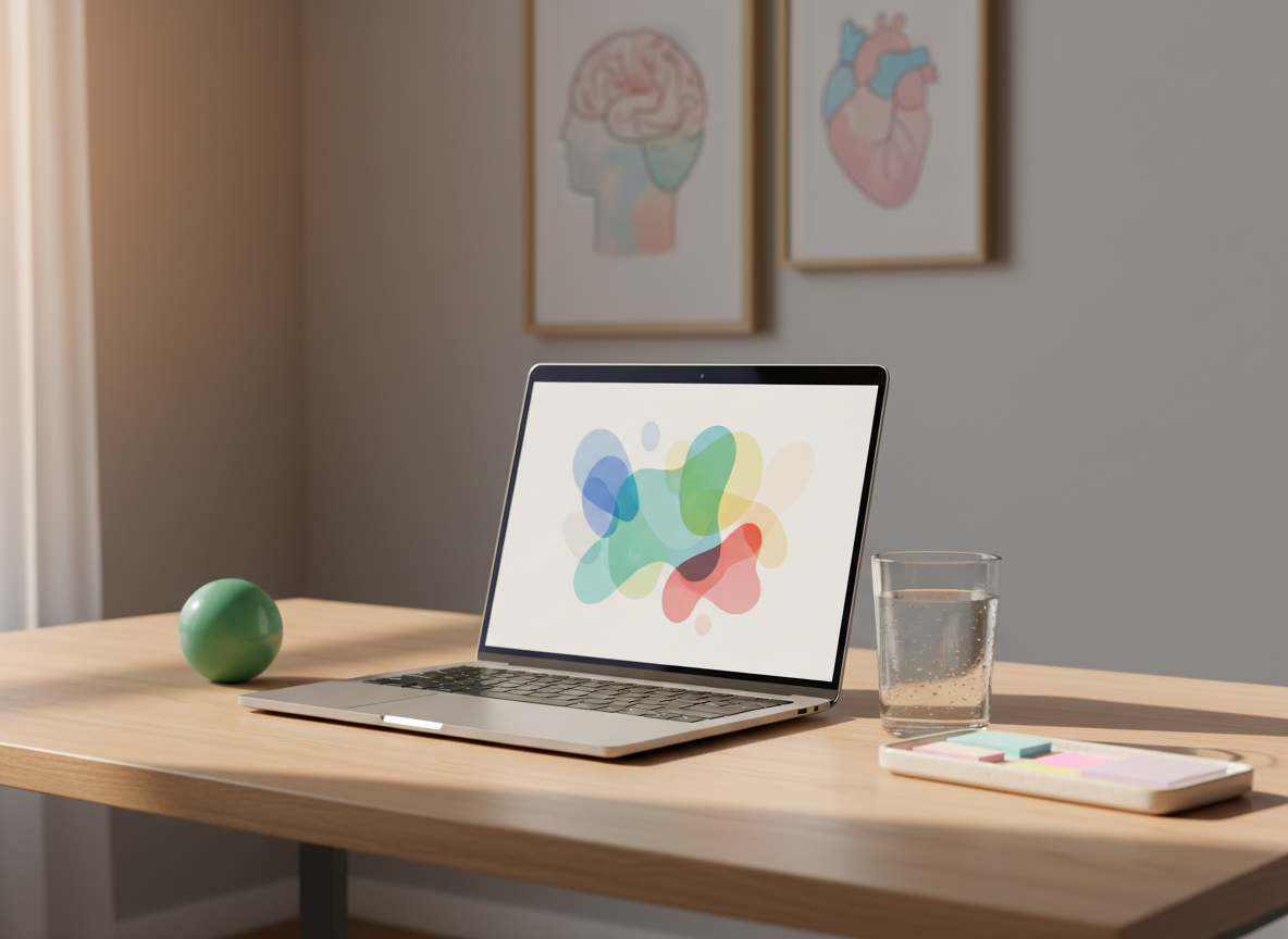 A serene home workspace with a slim, modern laptop displaying a simple, colorful mood-tracking graph made of abstract shapes instead of text. Beside it rests a smooth jade-green stress ball, a glass of water with condensation beads, and a small tray of pastel sticky flags. The desk is light maple, backed by a soft-focus wall with unframed abstract art suggesting a brain and heart. Late afternoon natural light from a side window creates gentle highlights on the laptop edges and soft shadows under the objects. Captured in photographic realism from a three-quarter angle, the composition feels focused yet soothing, representing practical, structured tools for managing emotions and stress.