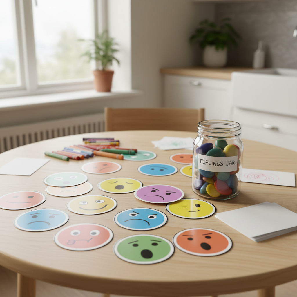 A detailed parenting support scene centered on a round, light birch kitchen table covered with colorful, laminated emotion cards, each featuring simple, abstract faces showing different feelings. A clear glass jar filled with smooth, multicolored pebbles stands nearby, ready for a “feelings jar” activity. Crayons and blank index cards are scattered, inviting creativity. Soft, diffused daylight from a nearby window brightens the table surface while the background kitchen remains softly blurred. The photographic realism and gentle, cheerful palette create a safe, educational atmosphere. Captured from a slightly overhead angle with sharp focus on the table, the composition supports practical, non-clinical tools for talking about emotions with children.