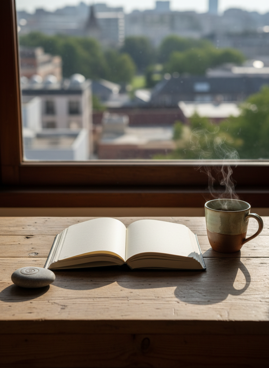 A neatly arranged wooden desk featuring an open, blank journal with creamy off-white pages, a smooth river stone engraved with a tiny abstract spiral, and a ceramic mug of herbal tea releasing wisps of steam. The desk sits near a large window overlooking a softly blurred cityscape of rooftops and trees. Gentle morning light filters in, creating diffused highlights on the journal pages and subtle shadows along the grain of the wood. The photographic realism emphasizes calm, clarity, and focus. Shot at eye level with a shallow depth of field, the composition centers the journal, suggesting a safe, reflective space for mental health self-help and quiet planning.