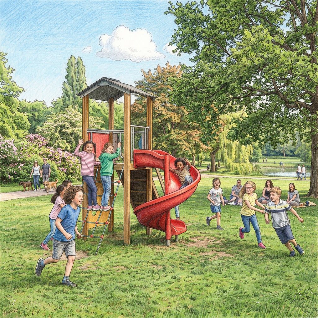 Children climbing and sliding on playground equipment in a green park