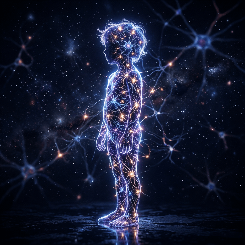 Silhouette of a child with glowing neural connections inside