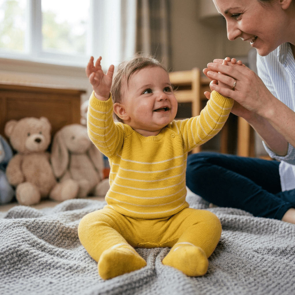 Toddler wearing yellow striped clothes sitting on a gray blanket, crying with tears in eyes