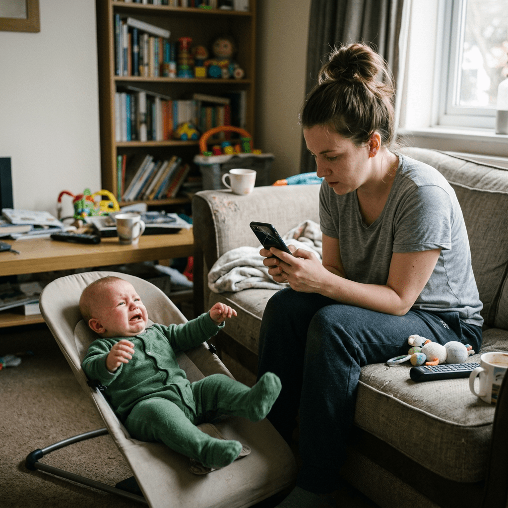Mother distracted by phone while baby cries in bouncer