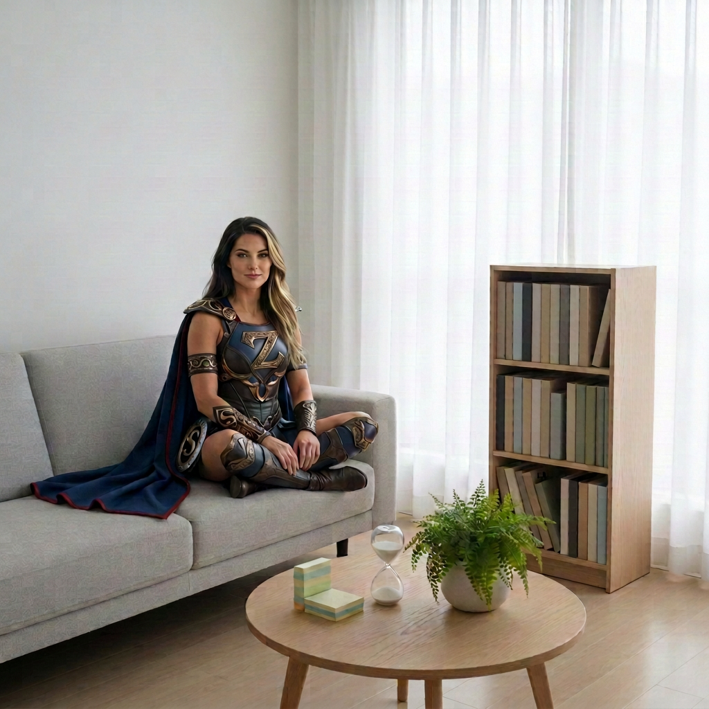 mental health A minimalist living room corner featuring a low, light-gray fabric sofa, a small round oak coffee table, and a tall bookshelf filled with neatly organized, unbranded books in muted tones. On the table, a stack of color-coded sticky-note pads, a sand timer, and a small potted fern create a sense of structure and growth. Soft overcast daylight seeps through sheer white curtains, bathing the scene in an even, gentle glow. Photographic realism with a clean, modern aesthetic conveys approachable, evidence-based mental health education. Composed using the rule of thirds from a slightly elevated angle, the space feels calm, organized, and inviting, ideal for quiet learning or therapeutic reflection.