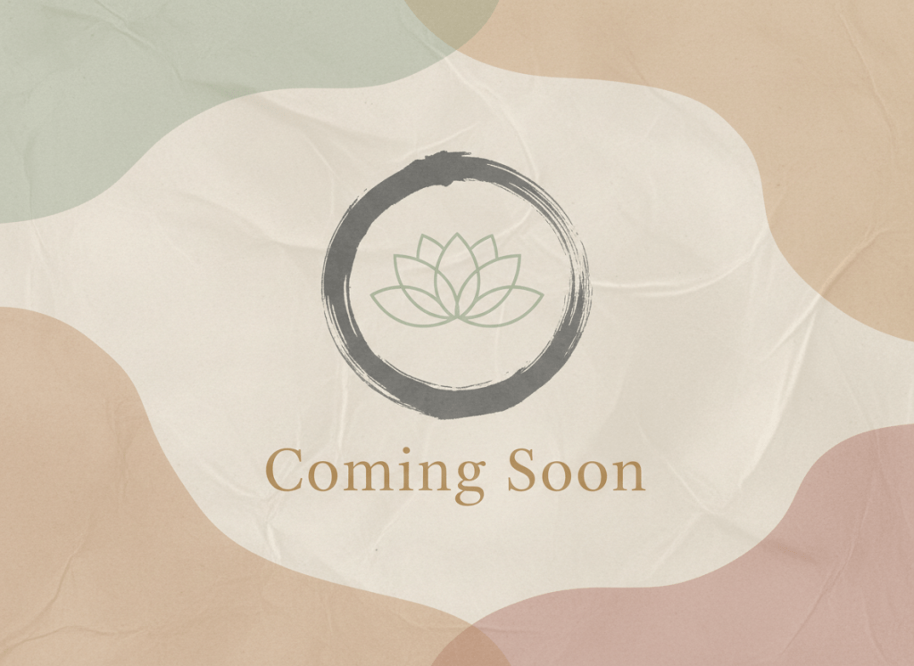 A serene, minimalist "coming soon" image with soft zen aesthetics — muted earth tones, a simple lotus or zen circle brushstroke, and elegant text that reads "Coming Soon" in a calm, sophisticated style. Clean and peaceful.