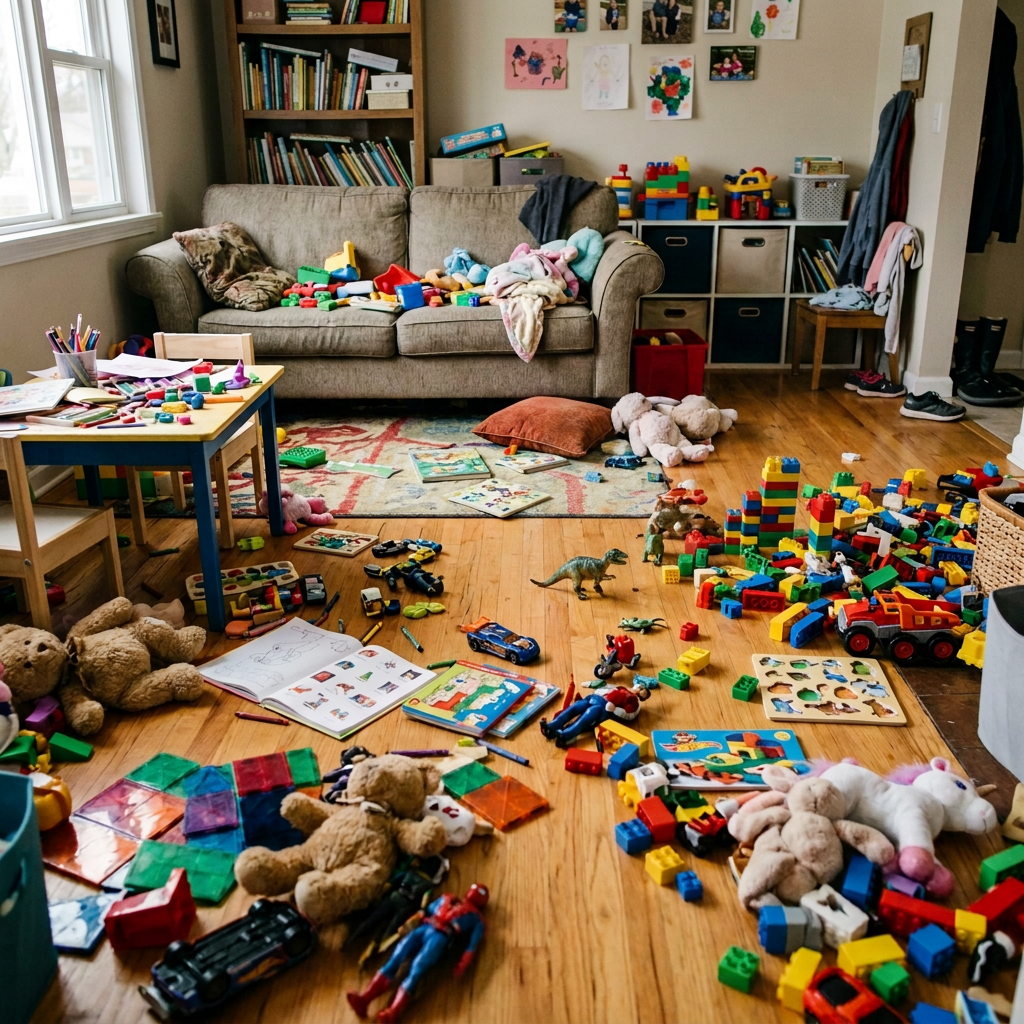 Two children playing with toys on a wooden floor cluttered with books, blocks, and stuffed animals