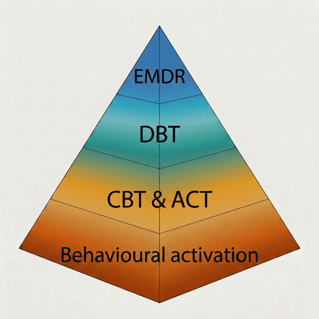 Pyramid with gradient layers in blue, green, yellow, and brown labeled EMDR at the top