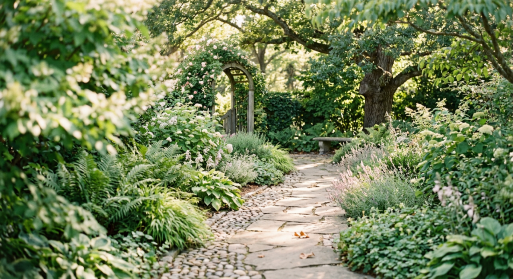 Stone garden path bordered by green plants and flowers leading to an arch
